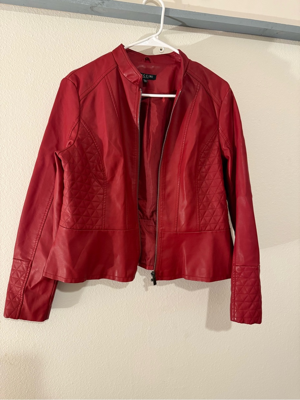 Baccini Red Quilted-Panel Faux Leather Jacket